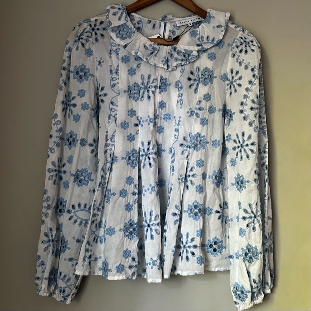 NWT- English Factory | Blue and White Eyelet Embroidered Blouse | M